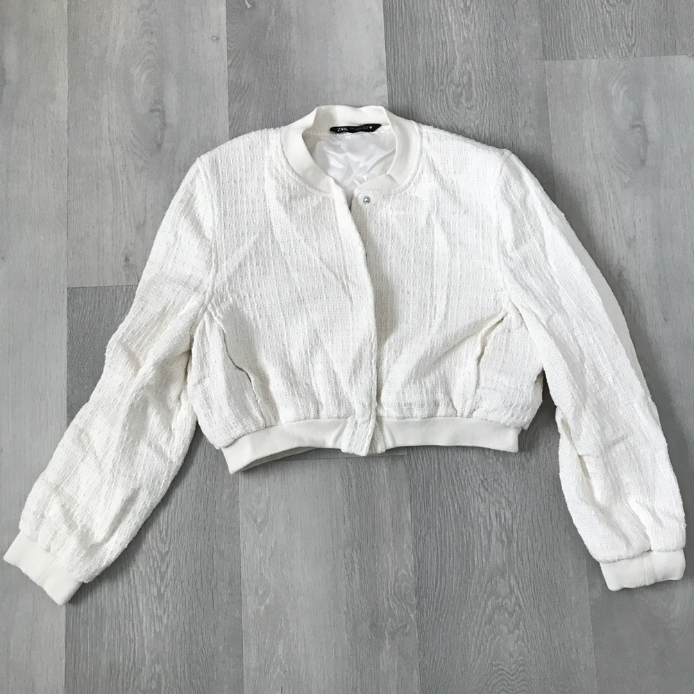 ZARA WOMENS BOMBER JACKET WHITE TWEED BOUCLE CROP LONG SLEEVE LARGE